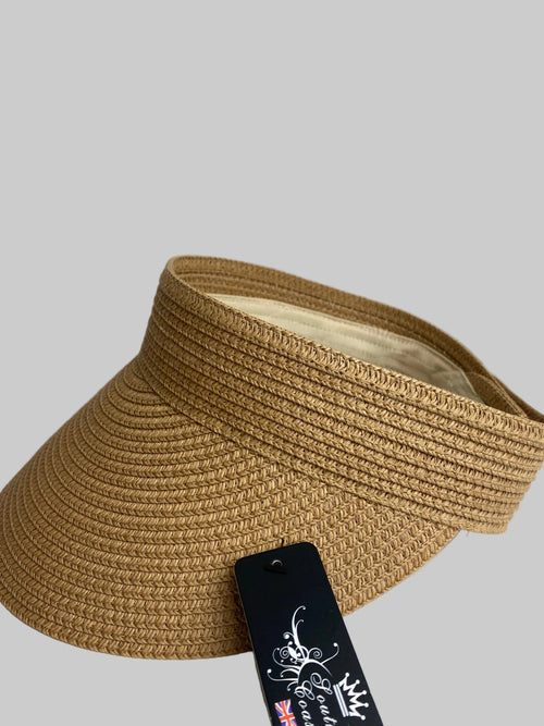 Beige straw hat with a brand tag on a light gray background